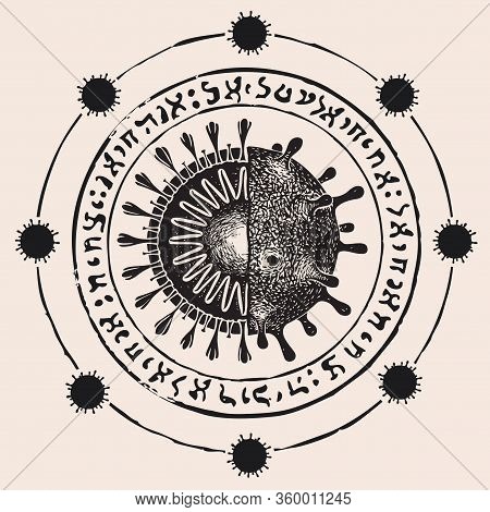 Vector Banner With Viral Cell In Cross-section And Magic Runes. Hand-drawn Poster With Dangerous Cov
