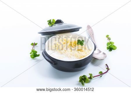Sweet Boiled Vermicelli With Milk In A Ceramic Bowl