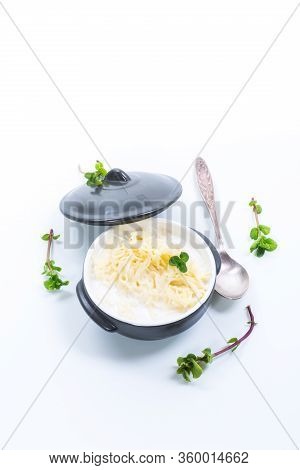 Sweet Boiled Vermicelli With Milk In A Ceramic Bowl