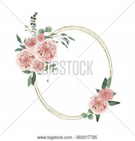 Watercolor Summer Floral Fields Golden Oval Wreath With Rose Flowers Greenery Leaves Foliage Isolate