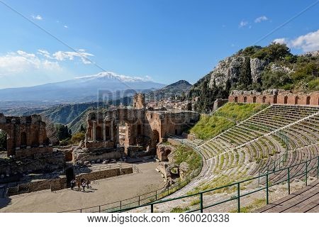 Taormina, Sicily - February 14, 2020: Teatro Antico Di Taormina (ancient Amphitheatre) In Sicily, It