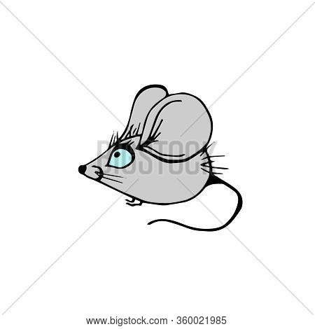 Gray Mouse Cutie On A White Background. Vector Doodle