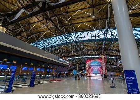 Moscow, Russia - 2020: Sheremetyevo International Airport, Terminal C, Check-in Counters.