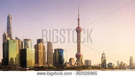 Sunrise View Of Shanghai Skyline With Sunshine