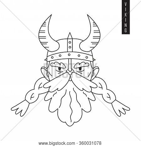 Vector Illustrationof A Viking Head In A Helmet With Horns And Long Beard And Moustache Drawn In Out