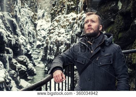 Tourist in Bordalsgjelet gorge in Voss, Norway.