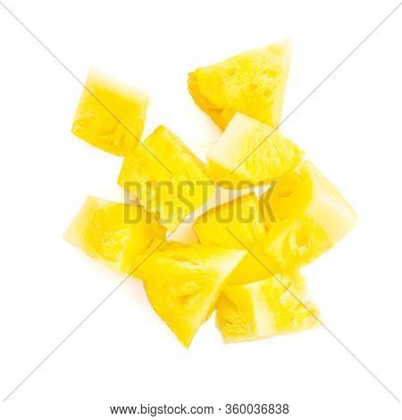Pineapple Cubes. Pineapple Fruits Chunks   Isolated  On White Background. Flat Lay. Top View
