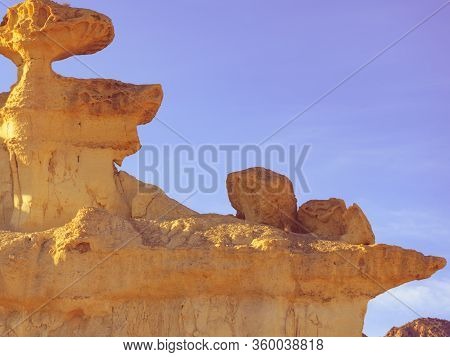 The Enchanted City Of Bolnuevo, Near Mazarron. Yellow Sandstone Shapes, Rock Erosion Formations, Mur