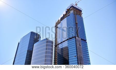 Warsaw, Poland. 7 April 2020. Roundabout Daszynski. New Skyscrapers In The Financial District Of Dow