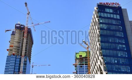 Warsaw, Poland. 7 April 2020. Roundabout Daszynski. New Skyscrapers In The Financial District Of Dow