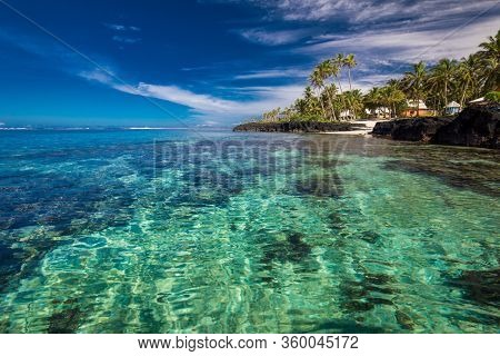 Vibrant tropical beach with palm trees, Upolu, Samoa.