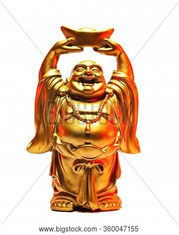 A Small Replica Statue Of The Buddha With Red Highlighs, Red Representing Luck, Joy, And Happiness, 
