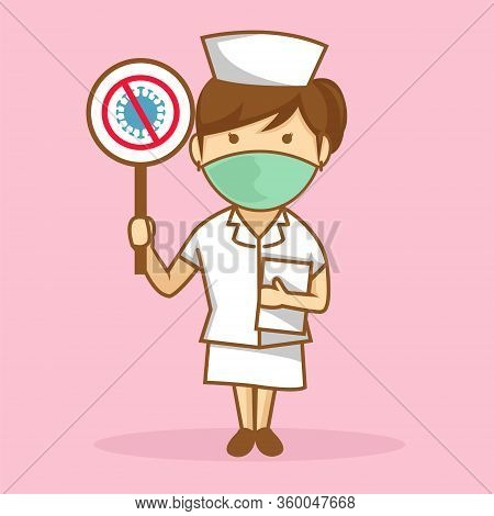 Cute Illustration Of Nurse Say No To Corona Virus On Pink Background