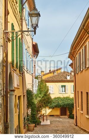 Old street in Santarcangelo di Romagna town, Rinini Province, Emilia-Romagna, Italy. Italian cityscape