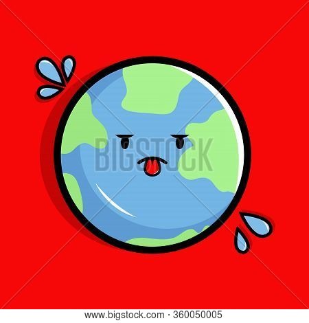 Cartoon Illustration Of Global Warming On Earth With Red Background