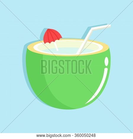 Coconut Water Simple Flat Vector Illustration On Soft Blue Background