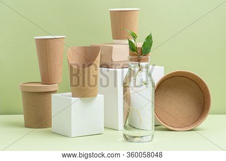 Paper Cups On Pedestals And Bottle With Live Bransh In The Front