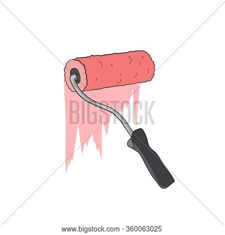 Paint Roller Red Emulsion. Wall Decoration. Painting Equipment. Vector Graphic Illustration. Drawing