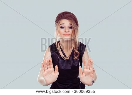 Stop Right Here. Closeup Portrait Of Angry Annoyed Woman Raising Hand Up To Say No Stop Right There 