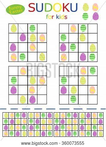 Vertical Collection Four By Four Sudoku Riddle Stock Vector Illustration. Colored Eggs Printable Log