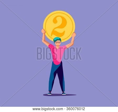 Young Man Holds A Coin Two Cents. Put My Two Cents In Or Cash Back Rewards Metaphor. Isolated On Pur