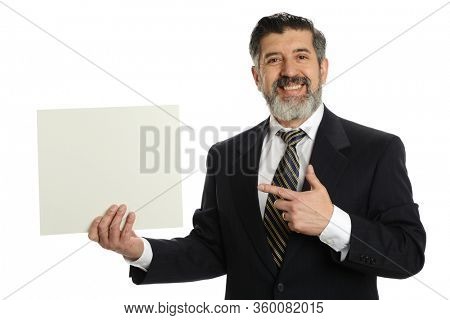 Maure hispanic businessman  holding a blank sign isolated on a white background