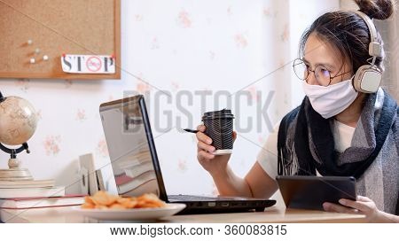 Wfh: Caucasian Asian Women Works From Home During The Coronavirus Crisis. Social Distancing And Phys