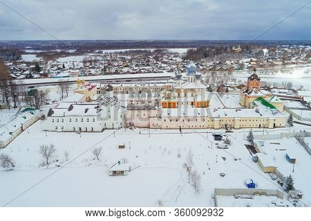 View Of The Tikhvin Mother Of God Assumption Monastery On A Cloudy March Day (shot From A Drone). Le