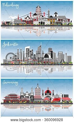 Palembang, Semarang and Jakarta Indonesia City Skylines Set with Gray Buildings, Blue Sky and Reflections. Business Travel and Tourism Concept with Historic and Modern Architecture. Cityscapes.