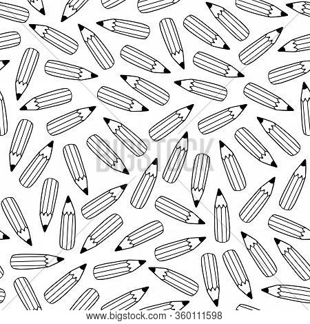 Seamless Pencil Pattern In Vector. Black And White Hand Drawn Illustration With Stationery. Doodle E