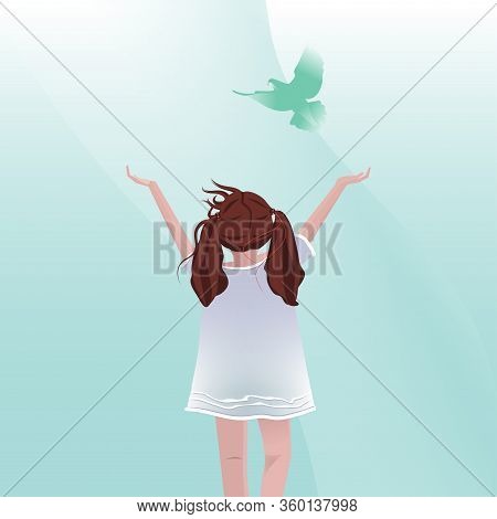 A Girl Stretches Her Hands To The Sky. Peace And Freedom Sign