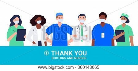Thank You Doctors And Nurses Concept With Different Healthcare Workers. Vector Illustration In Flat 