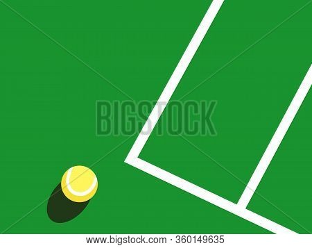 Graphic Realistic Vector Illustration Of One Yellow Tennis Ball Laying On Green Court With White Bas