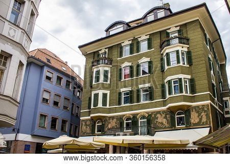 Bolzano, Italy - August 13, 2019: Traditional Building Facades In Bolzano (bozen), Italy.