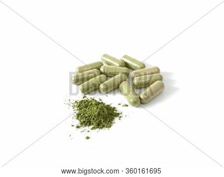 Andrographis Paniculata Extract Capsules Or Creat, Green Chireta Isolated On White Background
