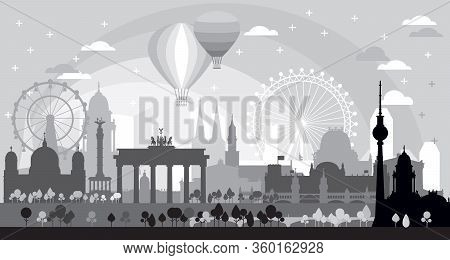 Horizontal Berlin Skyline Silhouette Illustration With Architectural Landmarks At Sunrise. Panoramic