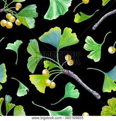 Seamless Pattern Of Twigs, Berries And Ginkgo Leaves On A Black Background, Watercolor Floral Print 