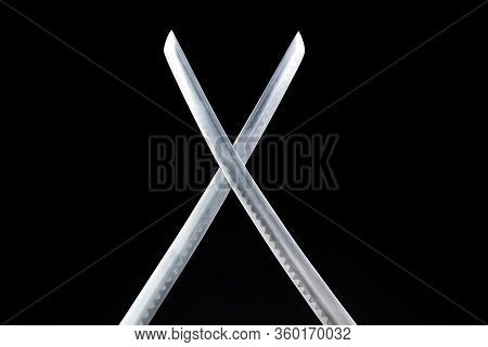 Katana, Wakizashi And Tanto On Stand, With Dramatic Blue Light