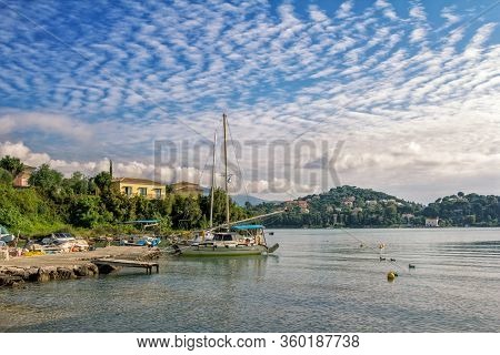 Corfu Island/greece- May 9, 2019: View Of Beautiful Gouvia Village - Sea Bay With Calm Water And Duc