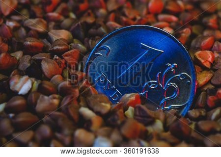 One Ruble Coin In Buckwheat Under Blue Red Light