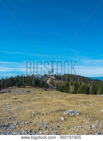 Telecommunication Tower With Directional Mobile Phone And Internet Antennas On Schockl Mountain In S