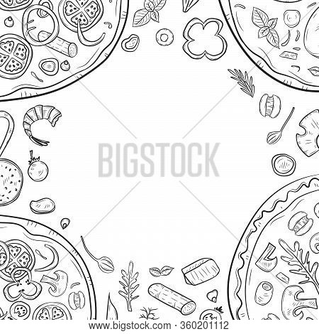 Vector Illustration With Hand Drawn Pizza And Pizza Igridients