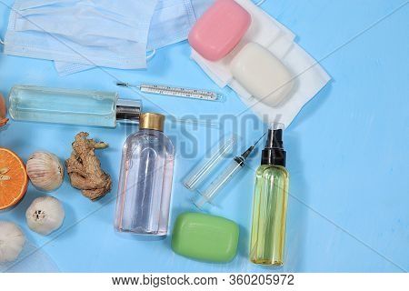Vials For Hand Disinfection, Medical Masks And Folk Immunostimulants And Vitamins. Coronavirus Prote