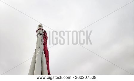 Moscow, Russia, April 3, 2020: Scale Reproduction Of Vostok 1 Rocket Used By Yuri Gagarin In The Fir