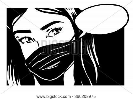 Young Lady In Comics Style In Medecine Masc With Speach Bubble.