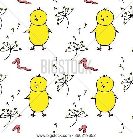 Easter Cartoon Pattern Of Chickens And Eggs. Vector Doodle