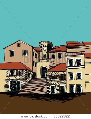 Luonnos piirustus pieni neliö Välimeren vanhakaupunki