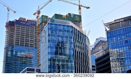 Warsaw, Poland. 7 April 2020. Roundabout Daszynski. New Skyscrapers In The Financial District Of Dow
