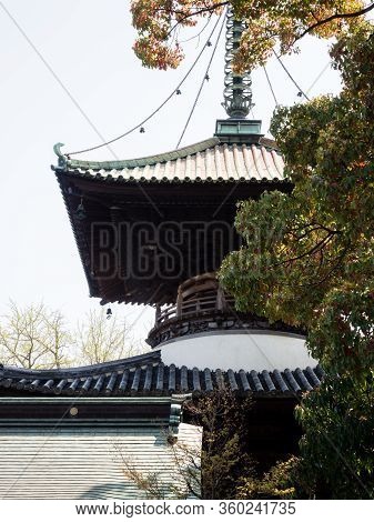 Komatsushima, Japan - April 4, 2018: Two-story Pagoda On The Grounds Of Tatsueji, Temple Number 19 O