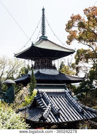 Komatsushima, Japan - April 4, 2018: Two-story Pagoda On The Grounds Of Tatsueji, Temple Number 19 O